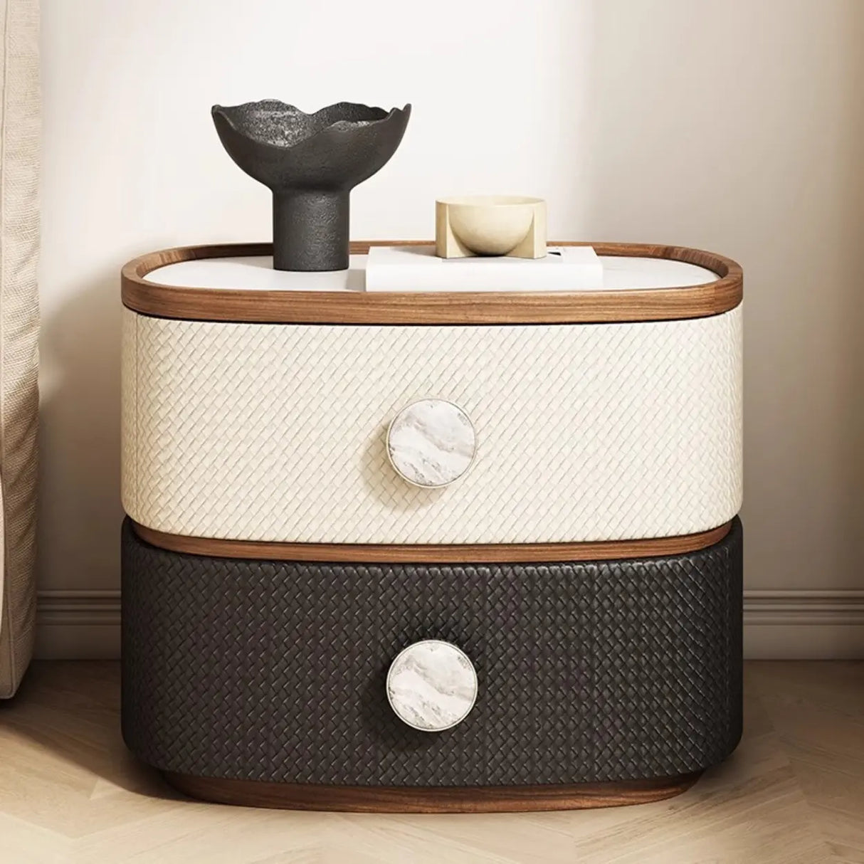 Scandinavian Two-Tone Oval Leather Nightstand with Drawers Image - 15