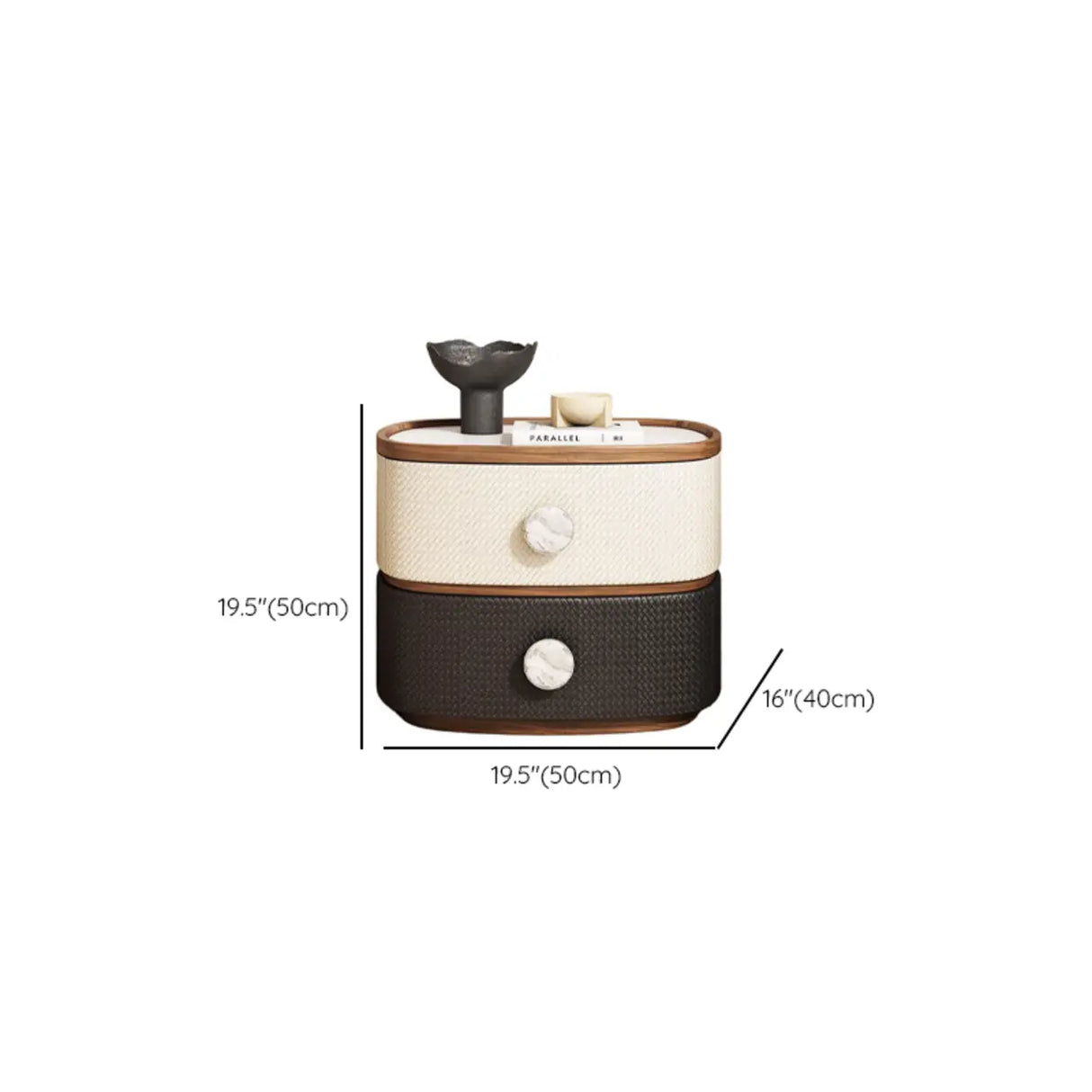 Scandinavian Two-Tone Oval Leather Nightstand with Drawers Image - 17