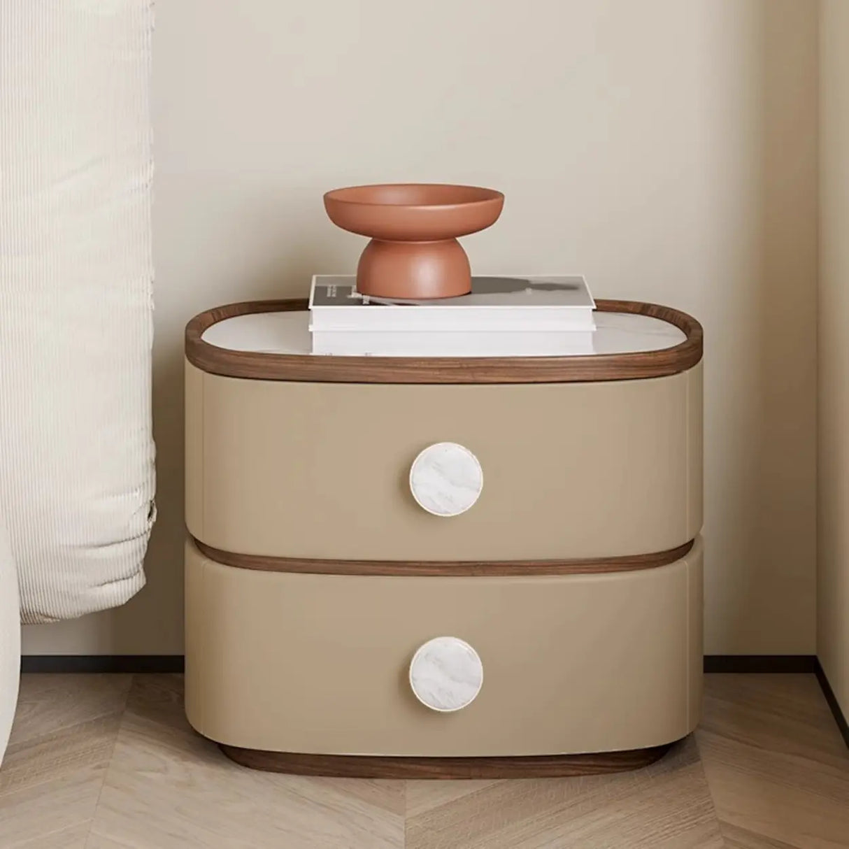 Scandinavian Two-Tone Oval Leather Nightstand with Drawers Image - 2