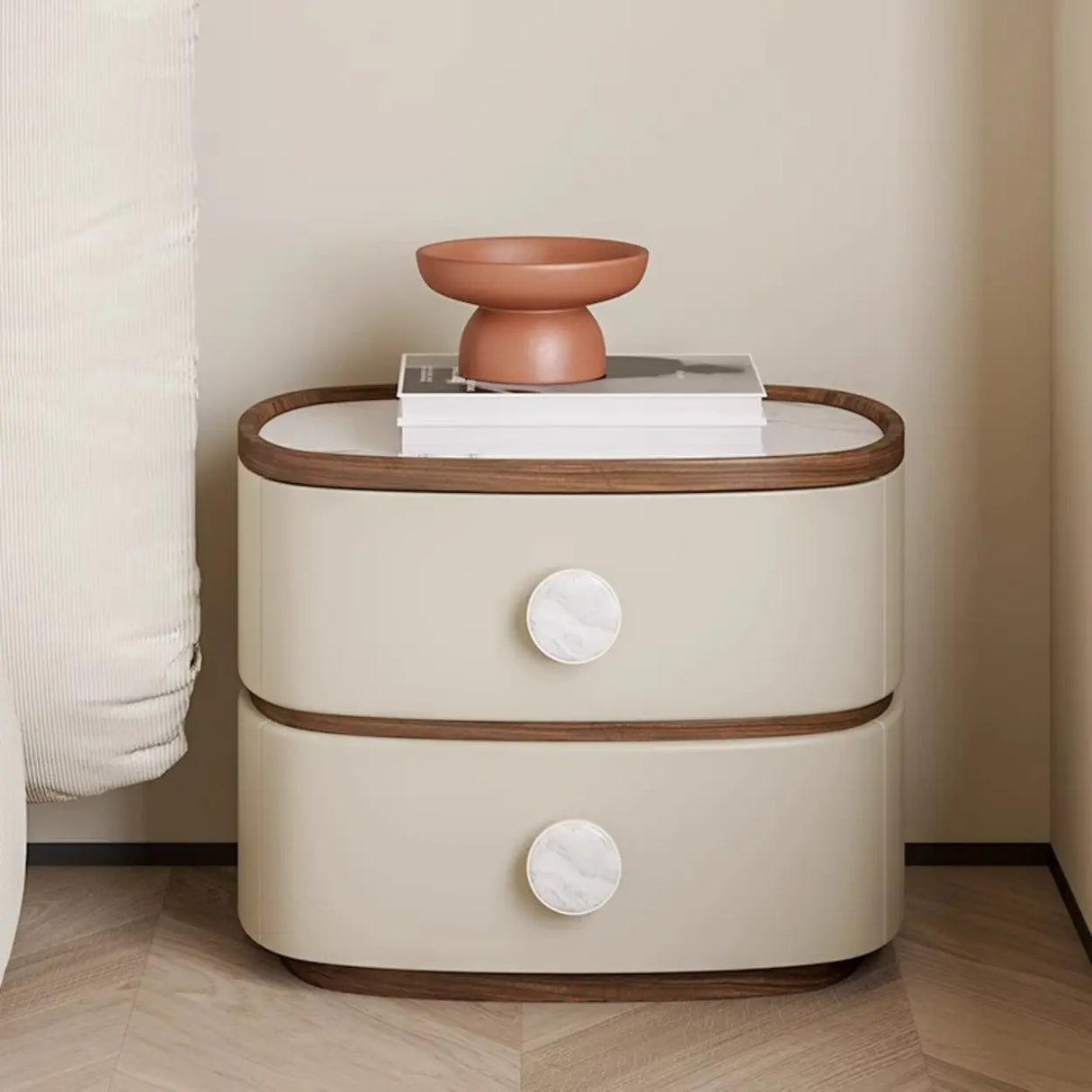 Scandinavian Two-Tone Oval Leather Nightstand with Drawers Image - 3