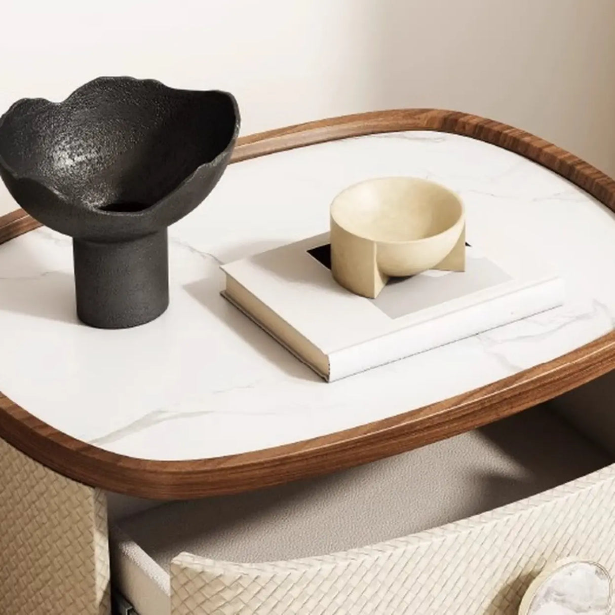 Scandinavian Two-Tone Oval Leather Nightstand with Drawers Image - 4