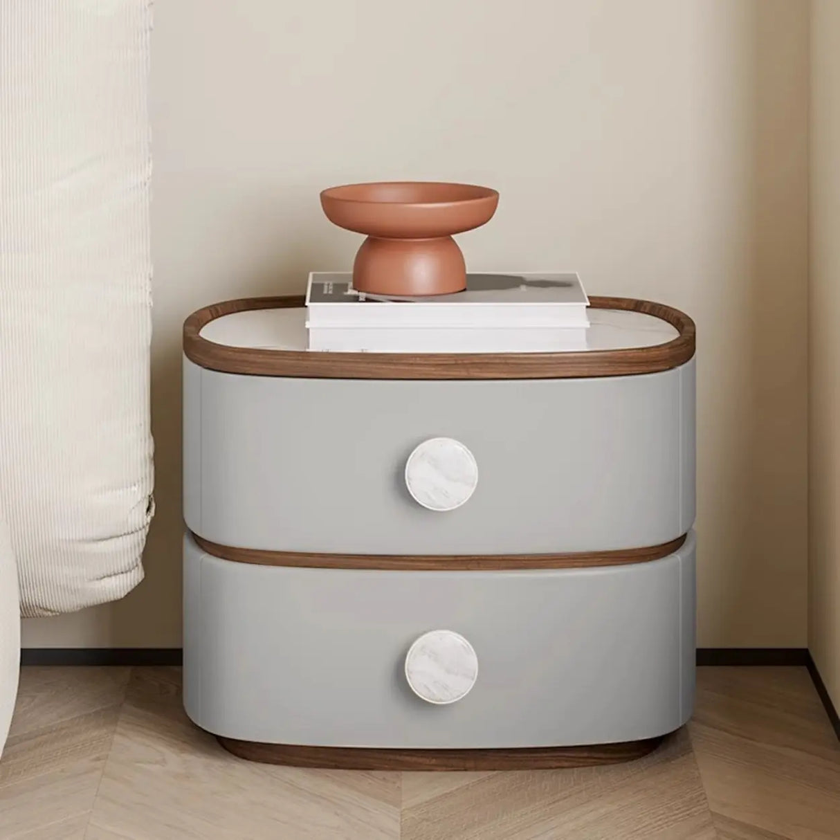 Scandinavian Two-Tone Oval Leather Nightstand with Drawers Image - 5