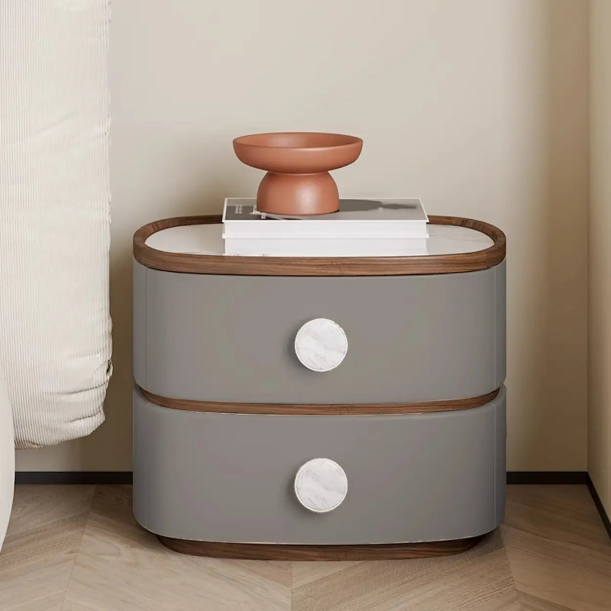 Scandinavian Two-Tone Oval Leather Nightstand with Drawers Image - 7