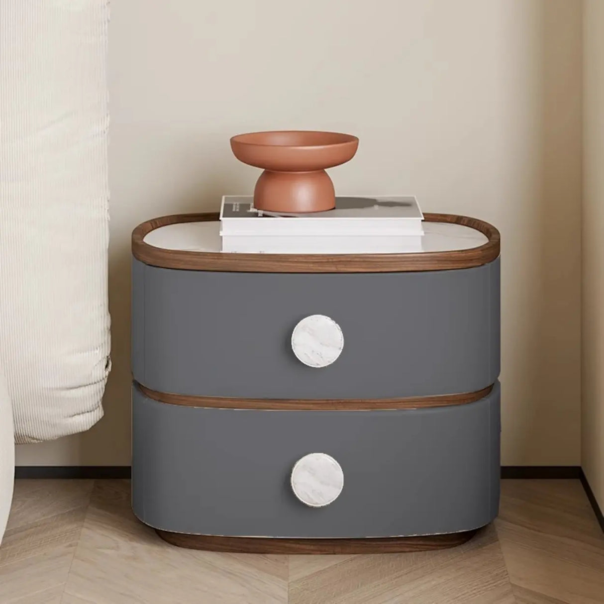 Scandinavian Two-Tone Oval Leather Nightstand with Drawers Image - 9