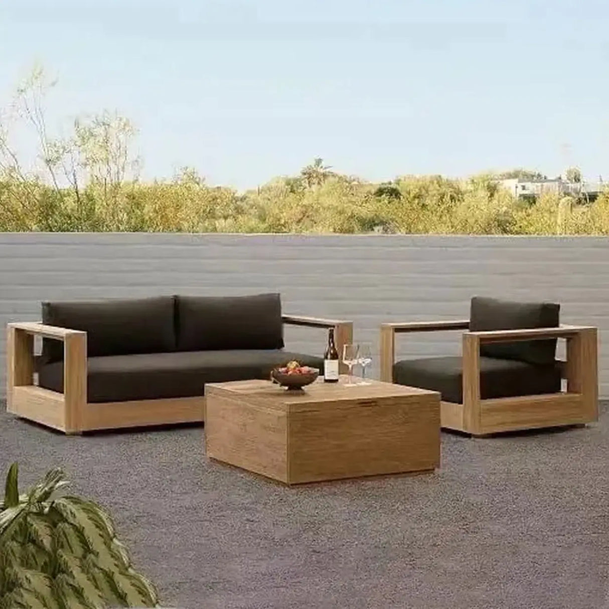 Scandinavian UV Resistant Wood Black Cushions Patio Sofa Set Image - 1