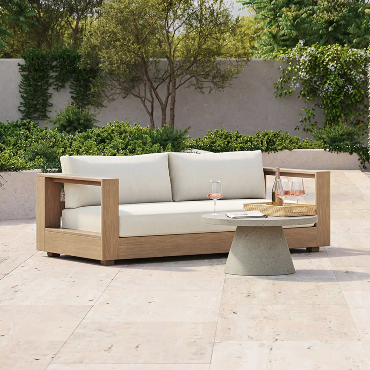 Scandinavian UV Resistant Wood Black Cushions Patio Sofa Set Image - 2