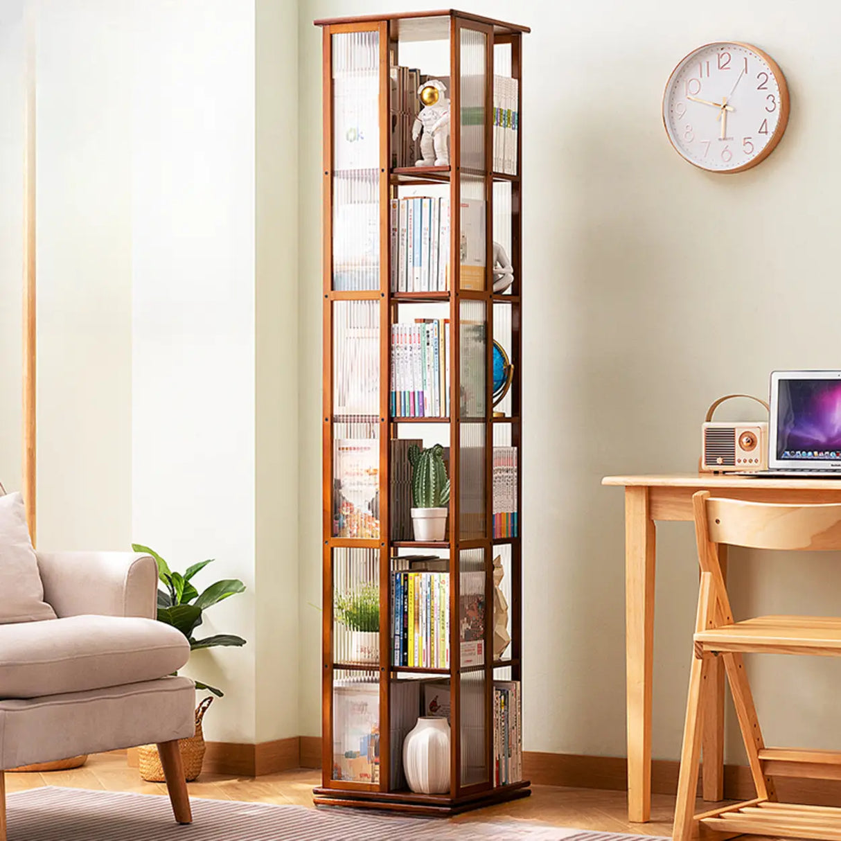 Scandinavian Vertical Tall Bamboo Rotating Bookshelf Tower Image - 7
