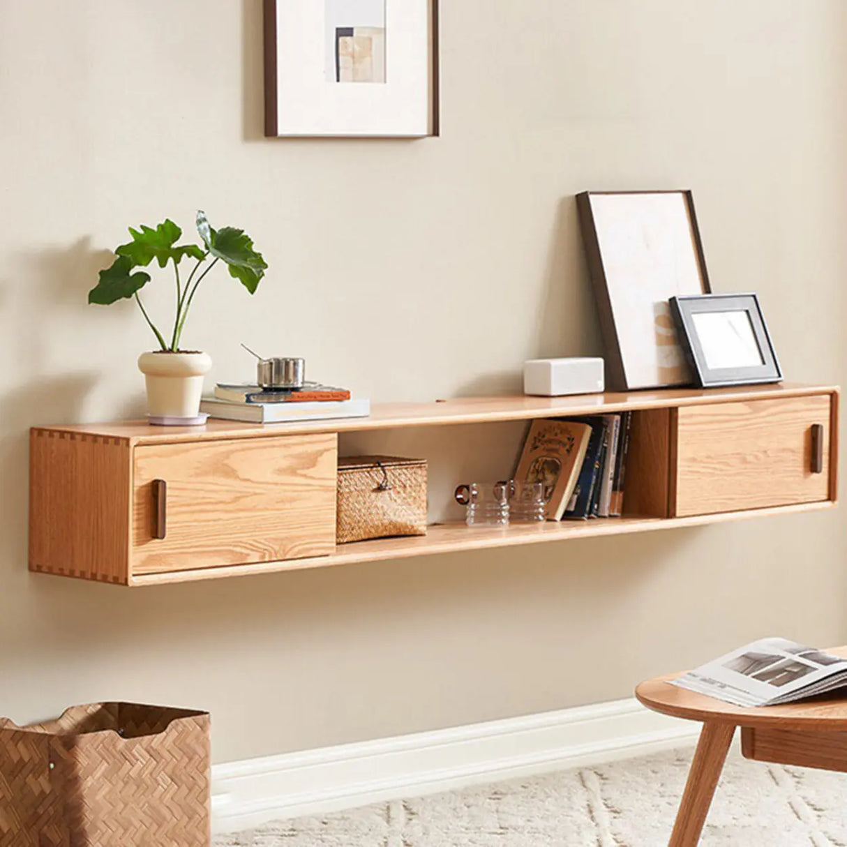 Scandinavian Wall-Mounted Wood TV Stand with Cabinet Image - 1