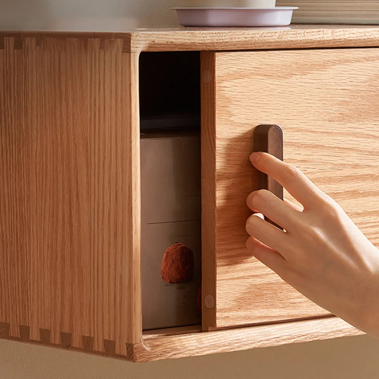 Scandinavian Wall-Mounted Wood TV Stand with Cabinet Image - 11