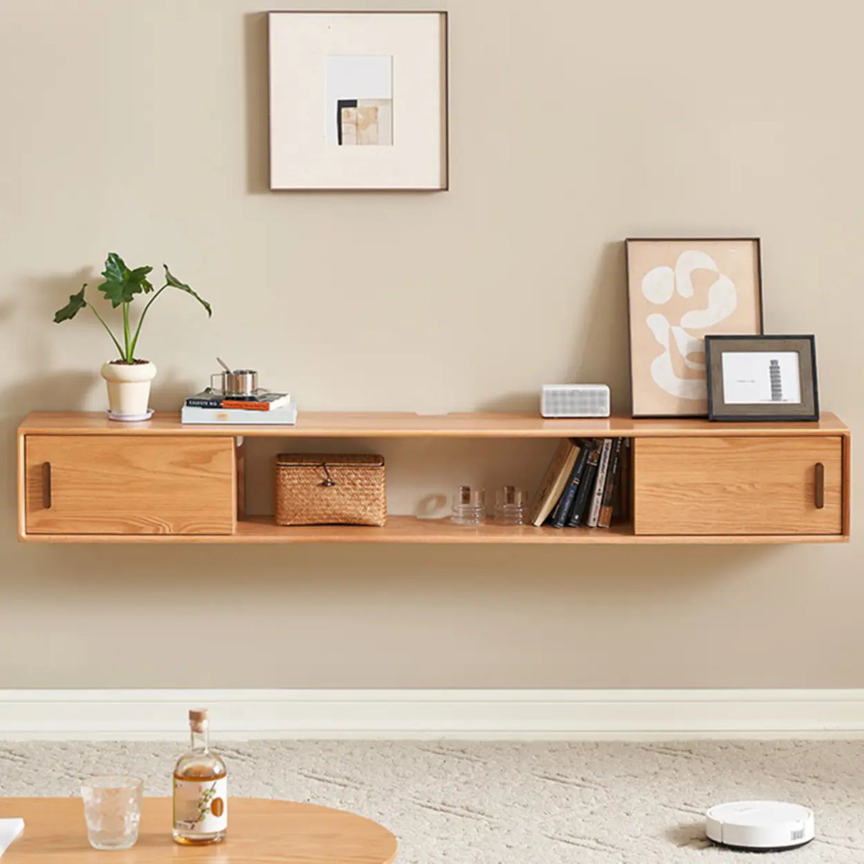 Scandinavian Wall-Mounted Wood TV Stand with Cabinet Image - 4