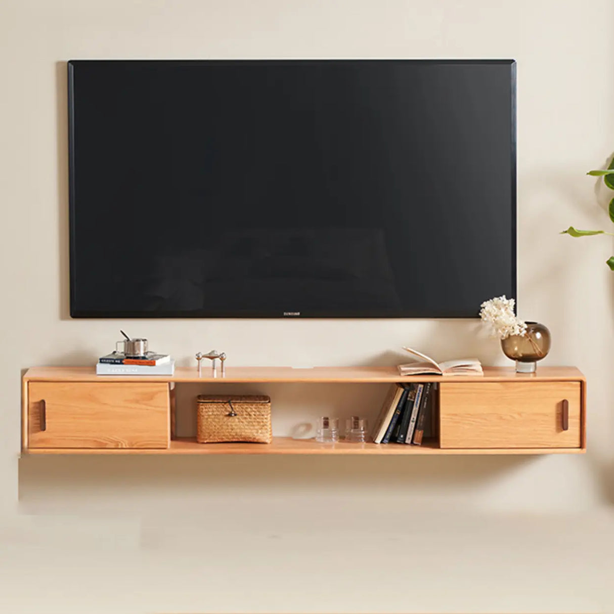 Scandinavian Wall-Mounted Wood TV Stand with Cabinet Image - 5