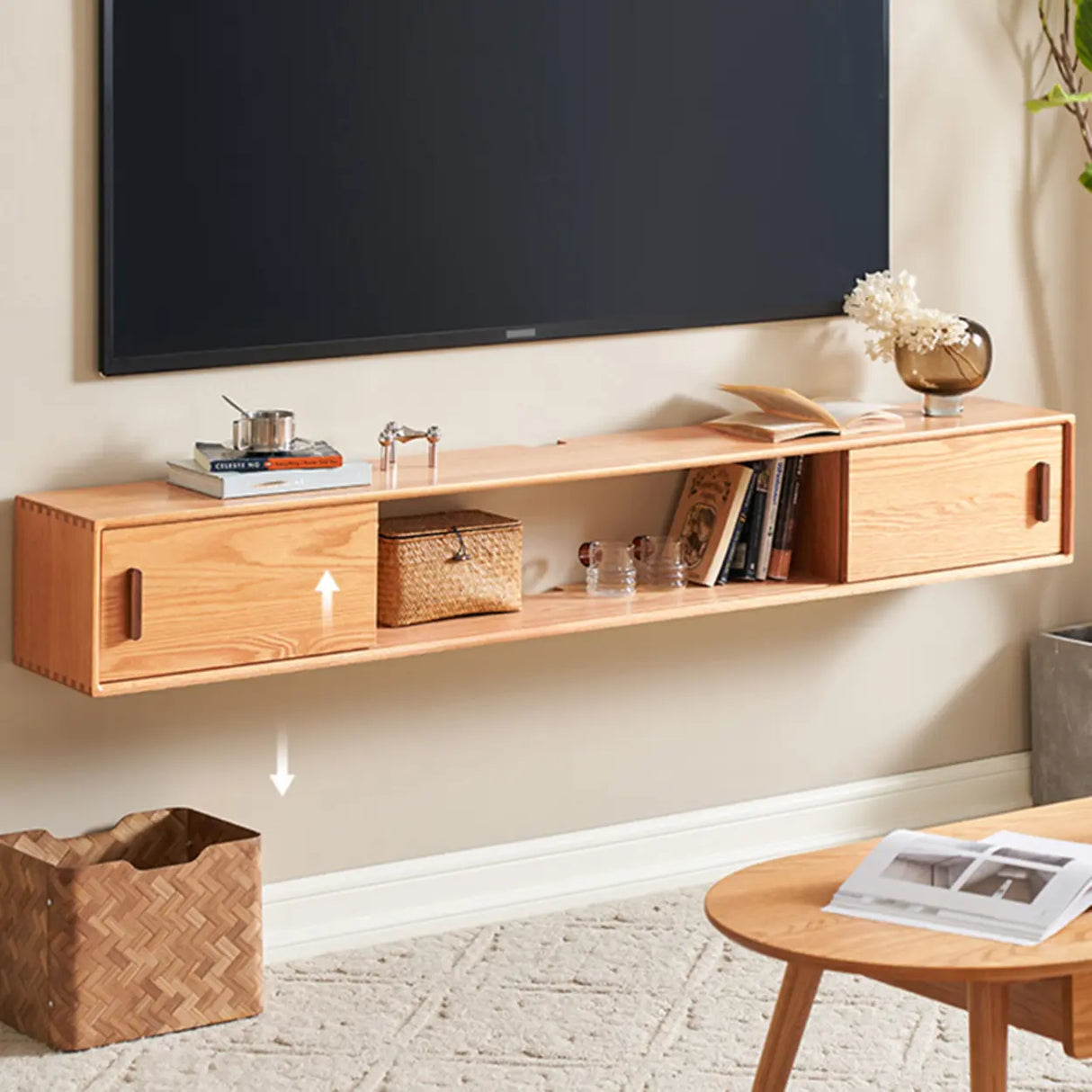 Scandinavian Wall-Mounted Wood TV Stand with Cabinet Image - 6