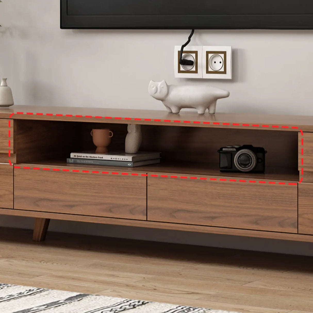 Scandinavian Walnut Wood TV Stand with Cabinet Storage Image - 10