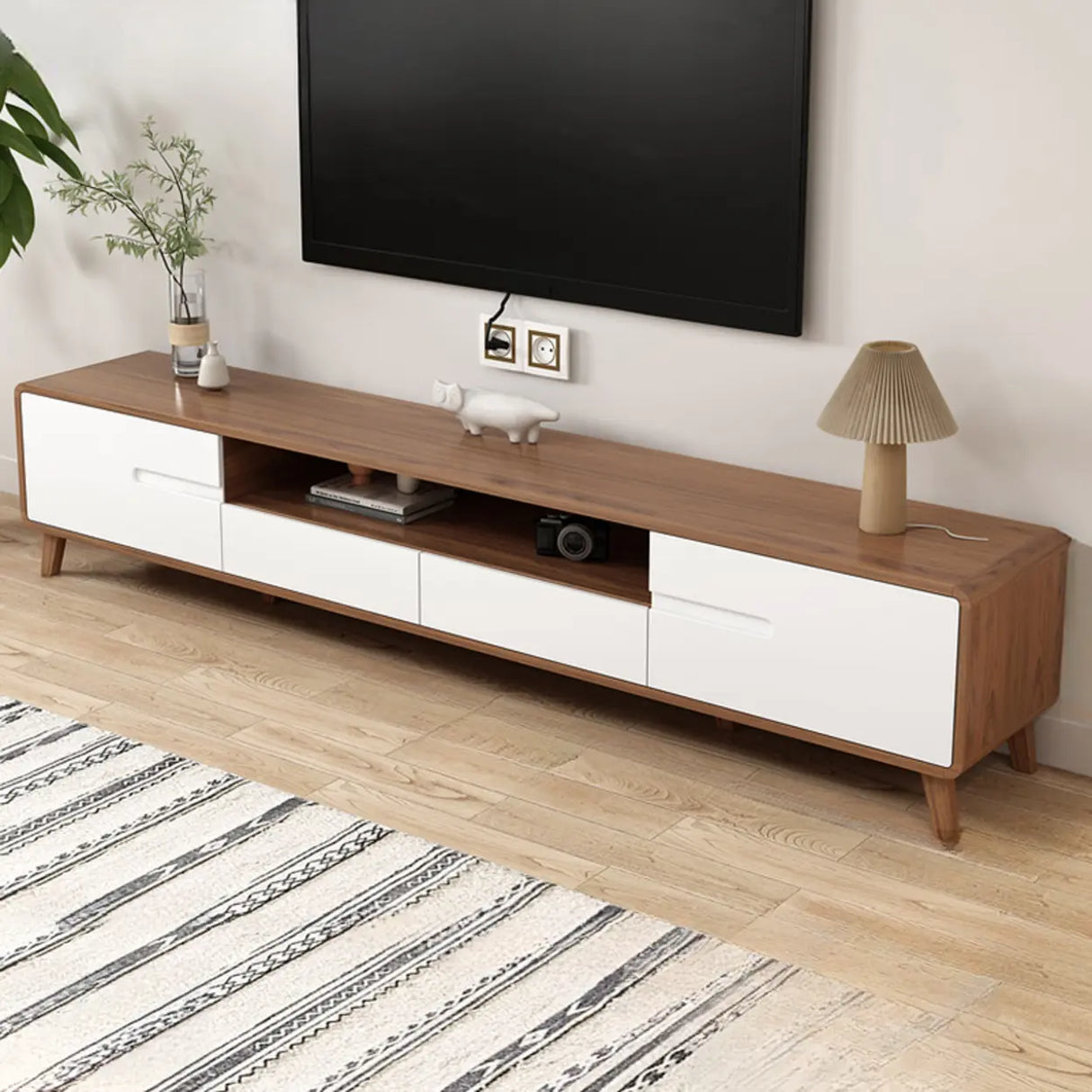 Scandinavian Walnut Wood TV Stand with Cabinet Storage Image - 2