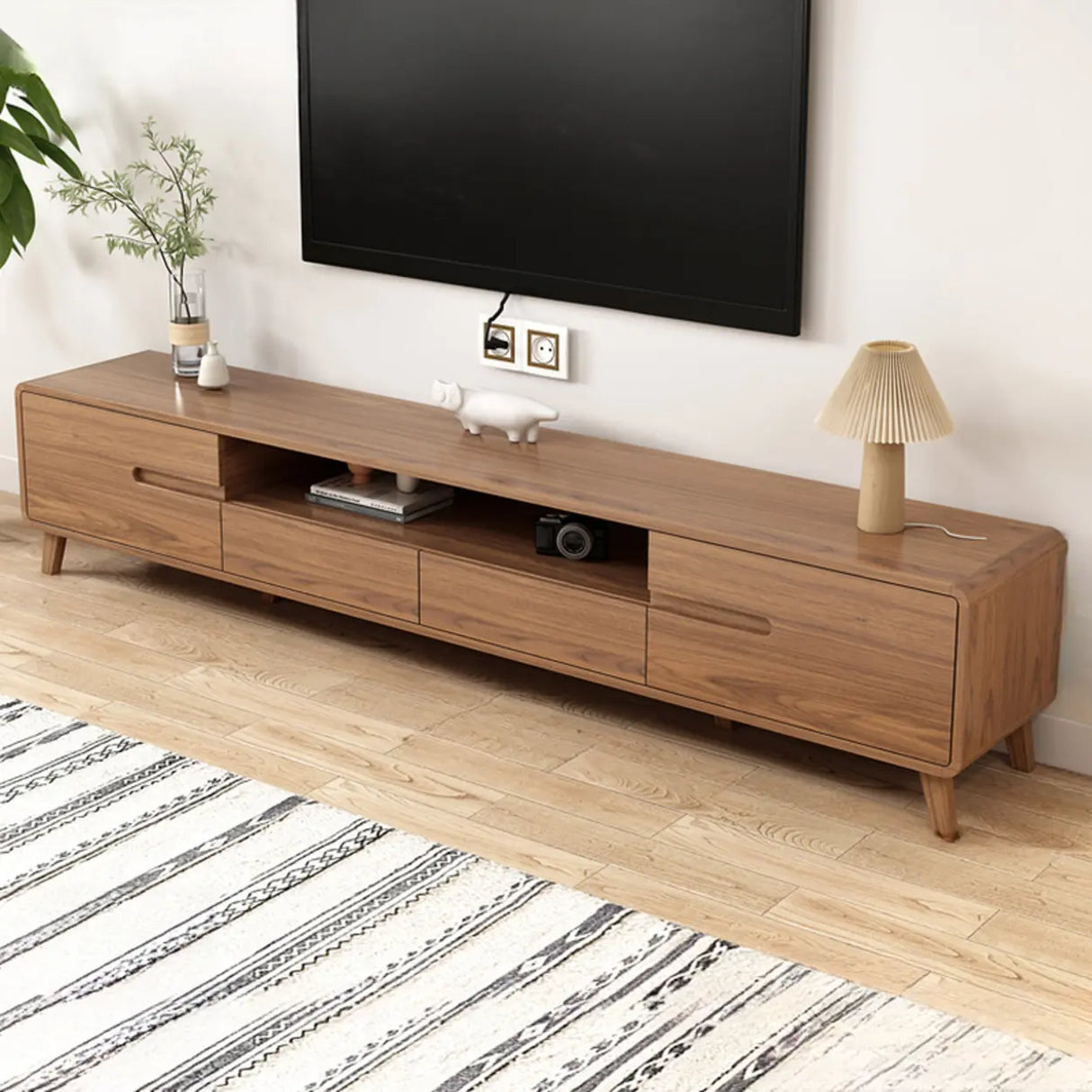 Scandinavian Walnut Wood TV Stand with Cabinet Storage Image - 3