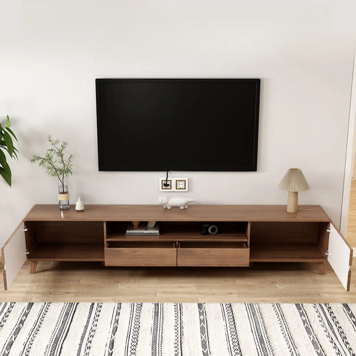 Scandinavian Walnut Wood TV Stand with Cabinet Storage Image - 4