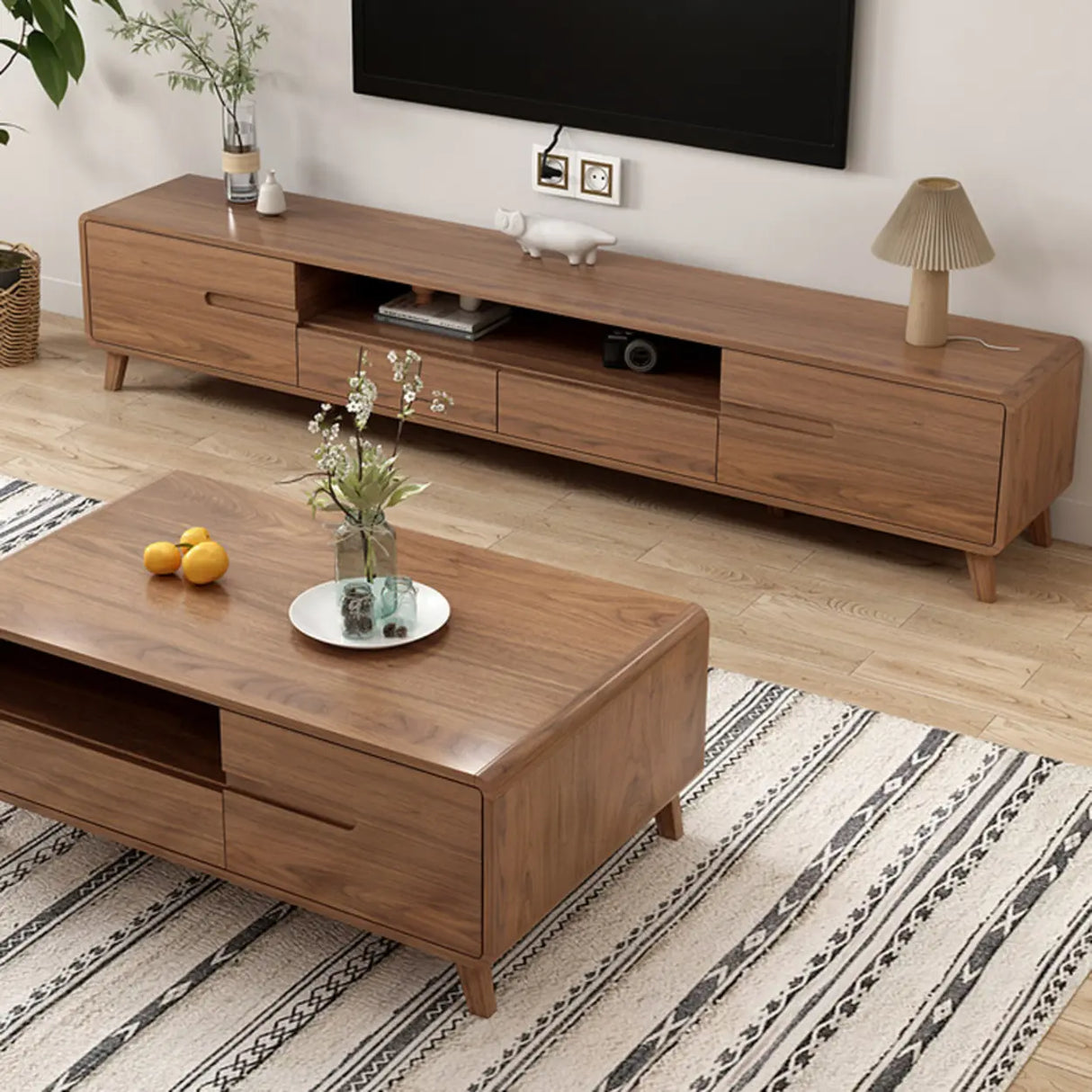 Scandinavian Walnut Wood TV Stand with Cabinet Storage Image - 5