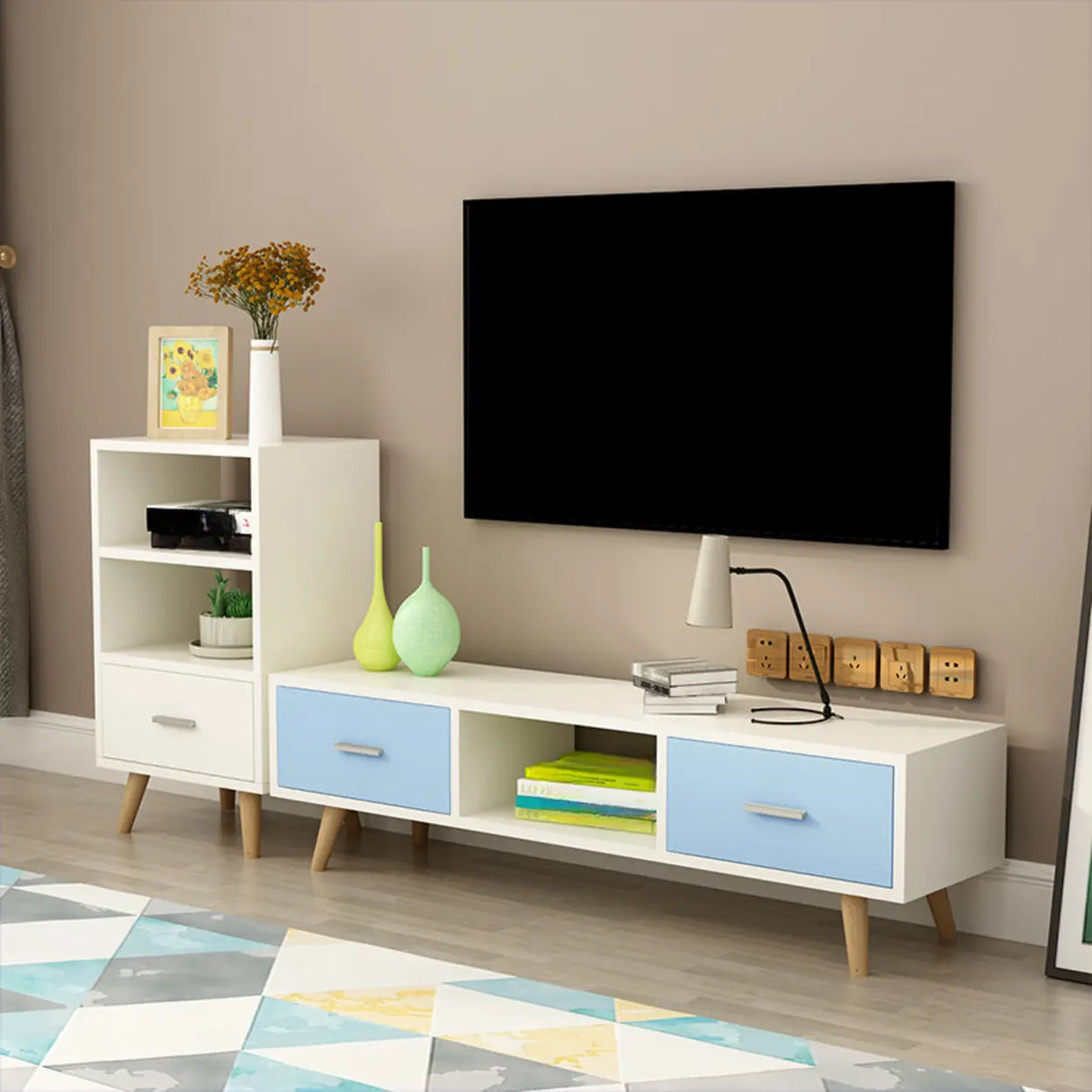 Scandinavian White Open Storage Drawers Wood TV Stand Image - 10