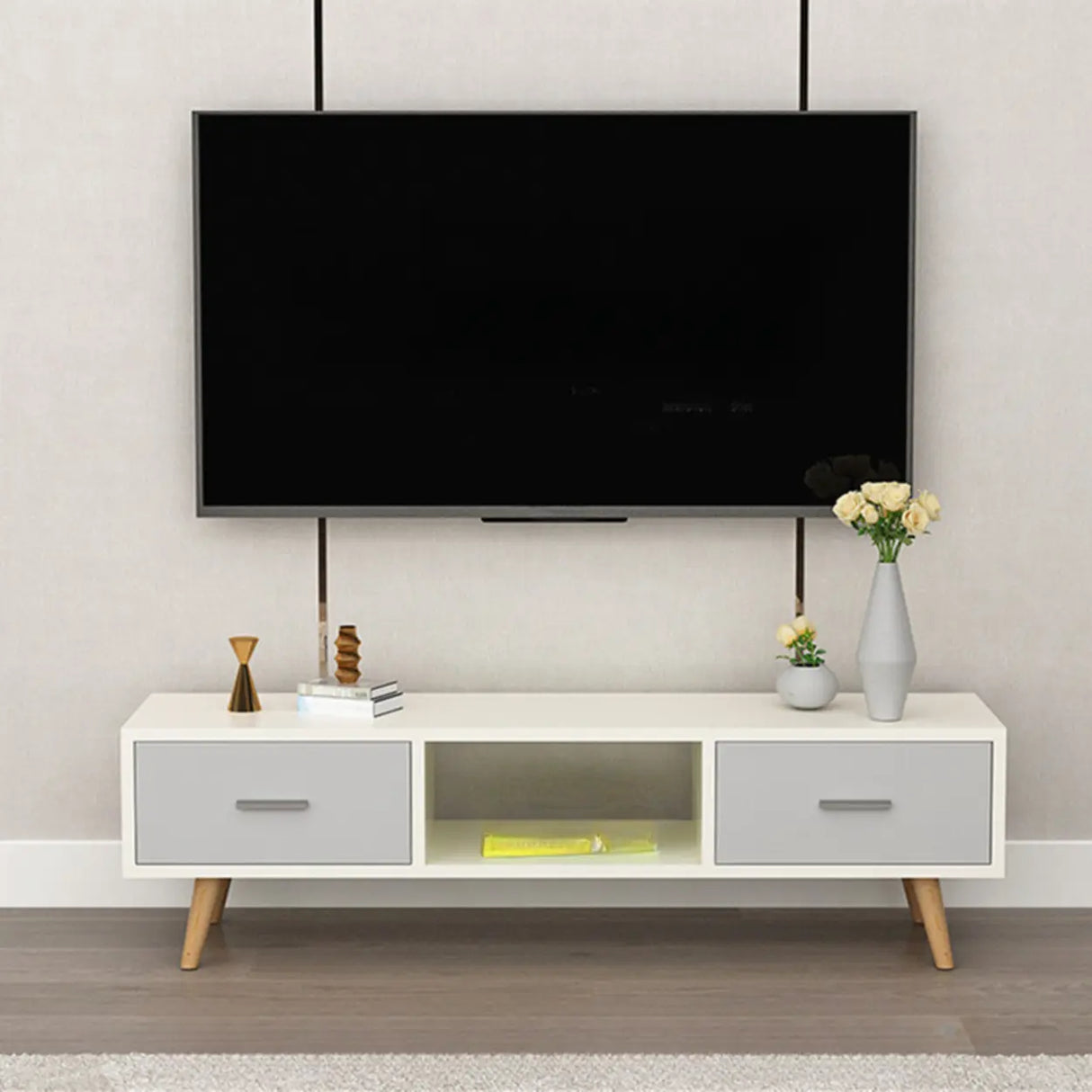Scandinavian White Open Storage Drawers Wood TV Stand Image - 11
