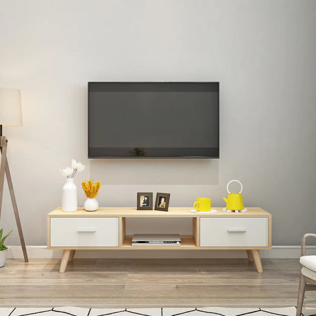 Scandinavian White Open Storage Drawers Wood TV Stand Image - 12