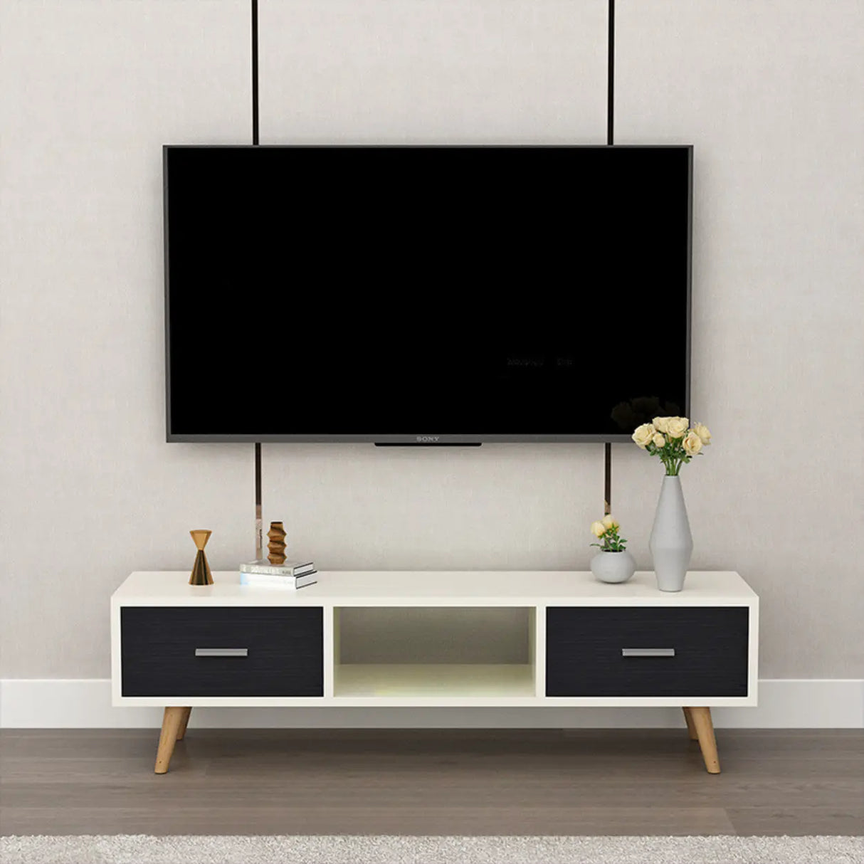 Scandinavian White Open Storage Drawers Wood TV Stand Image - 13