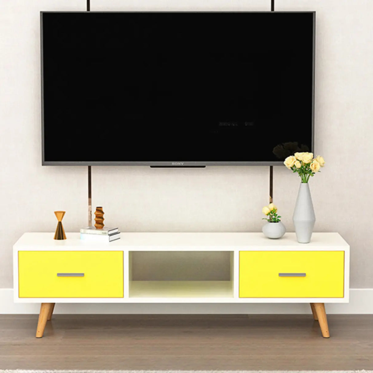 Scandinavian White Open Storage Drawers Wood TV Stand Image - 14