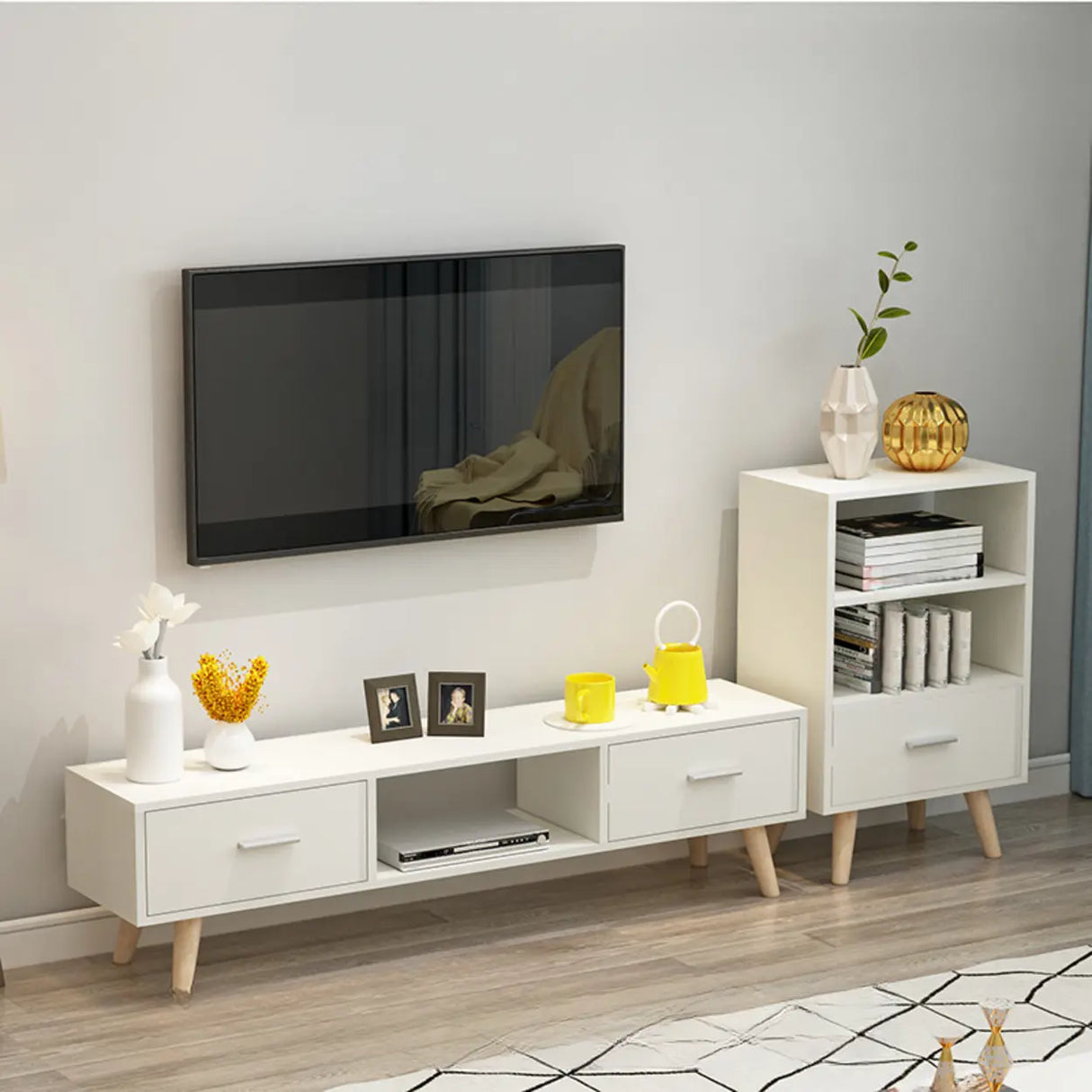 Scandinavian White Open Storage Drawers Wood TV Stand Image - 1