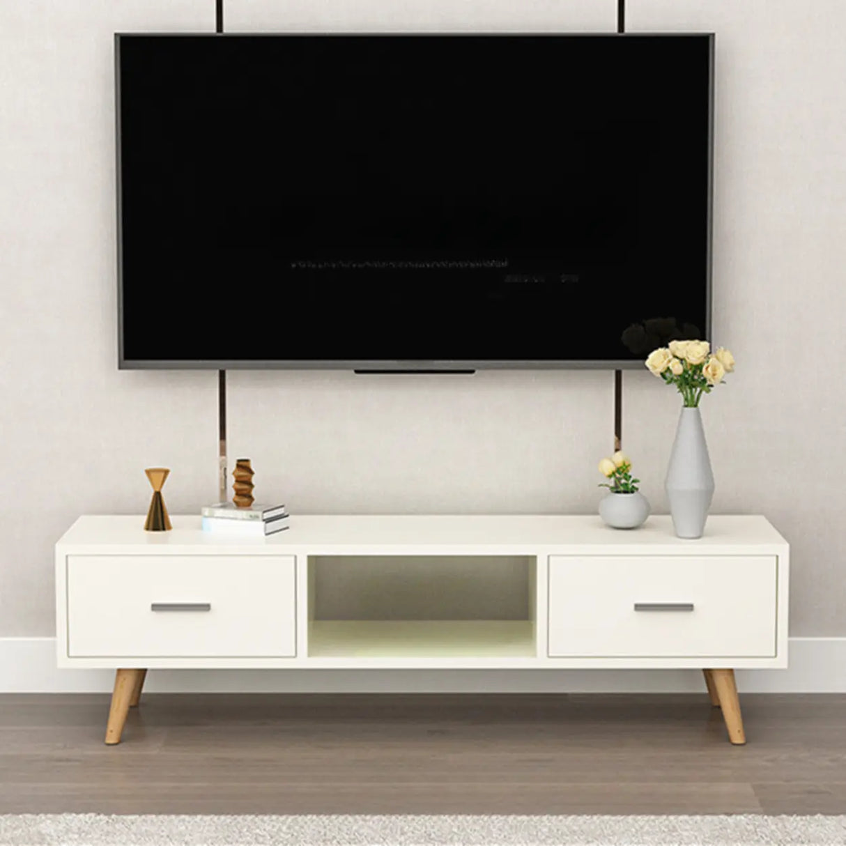 Scandinavian White Open Storage Drawers Wood TV Stand Image - 2