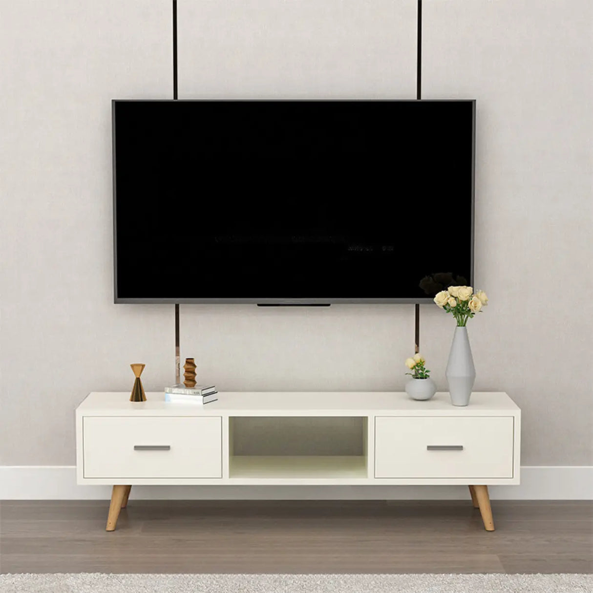 Scandinavian White Open Storage Drawers Wood TV Stand Image - 3
