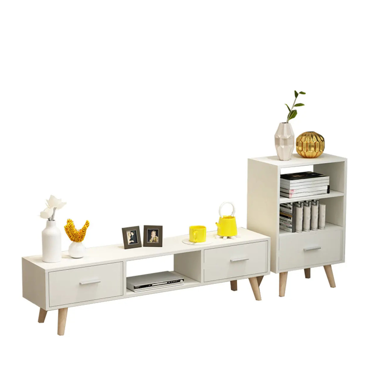 Scandinavian White Open Storage Drawers Wood TV Stand Image - 4
