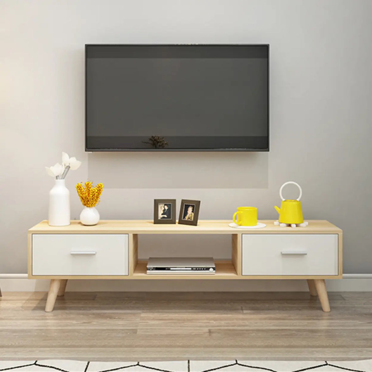 Scandinavian White Open Storage Drawers Wood TV Stand Image - 5