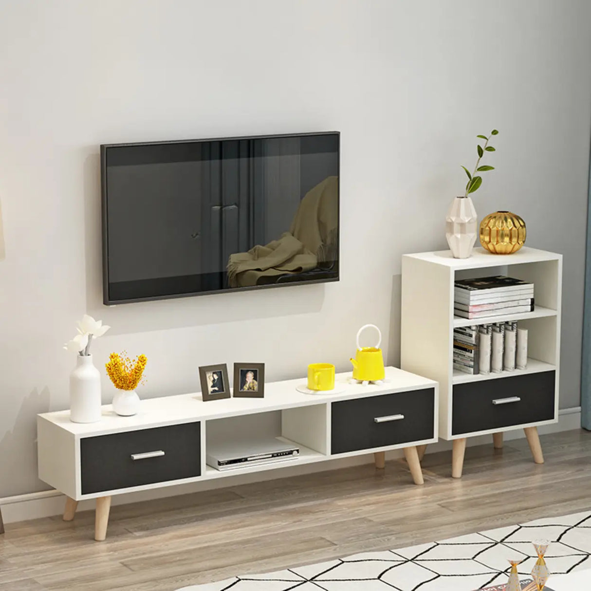 Scandinavian White Open Storage Drawers Wood TV Stand Image - 6