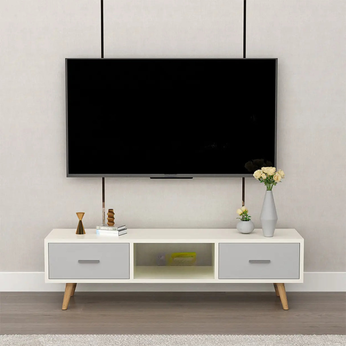 Scandinavian White Open Storage Drawers Wood TV Stand Image - 7