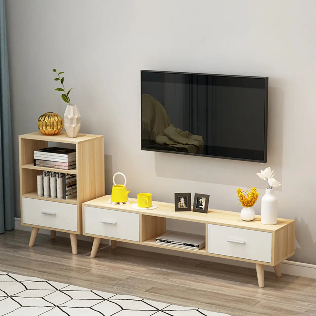 Scandinavian White Open Storage Drawers Wood TV Stand Image - 8