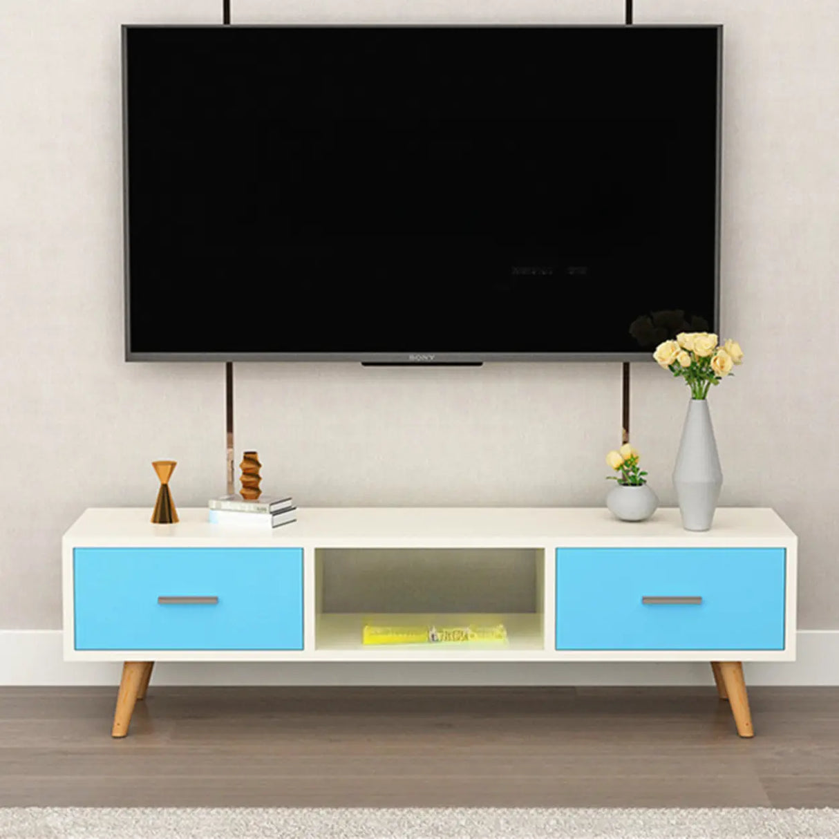Scandinavian White Open Storage Drawers Wood TV Stand Image - 9