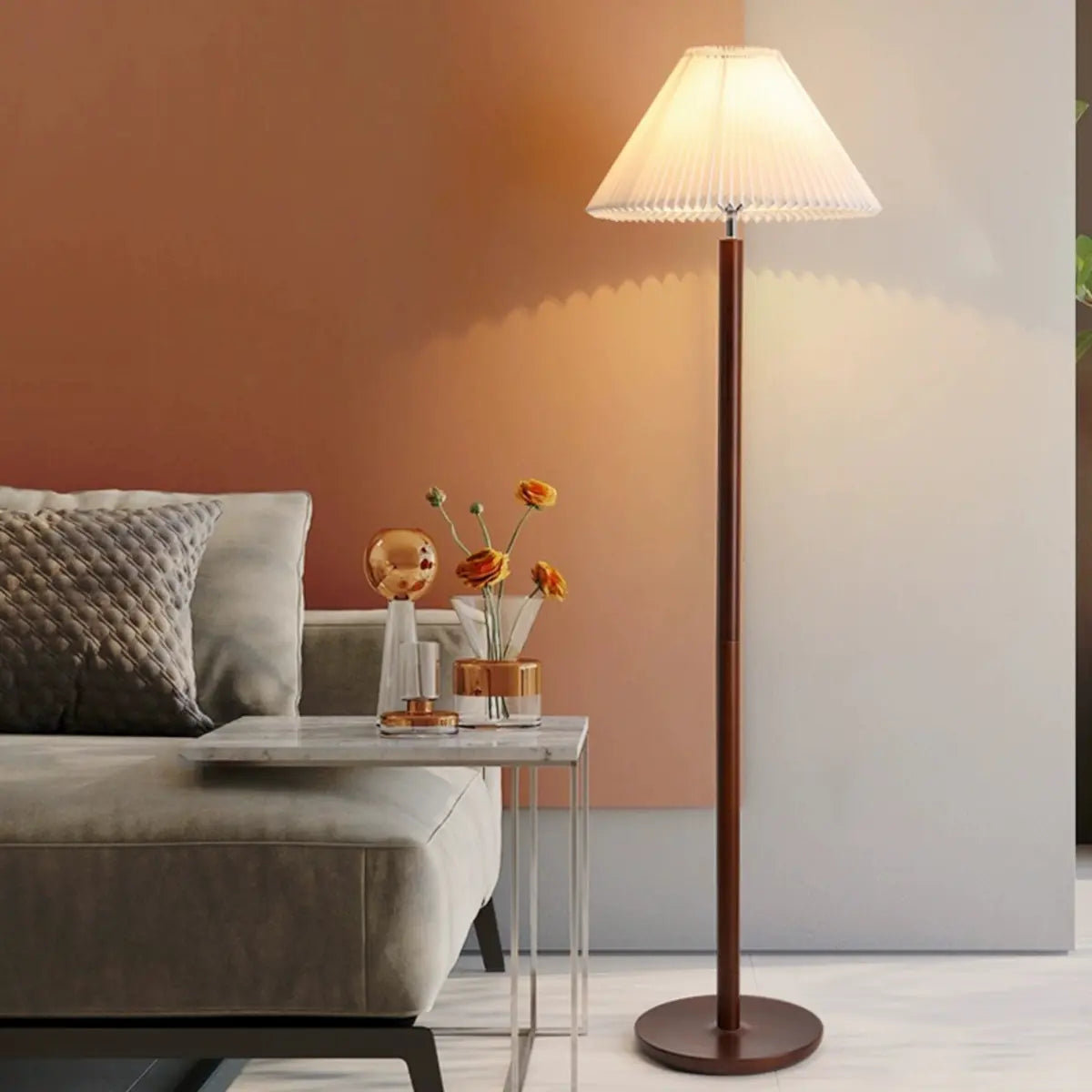 Scandinavian White Pleated Shade Wooden Floor Lamp Image - 4