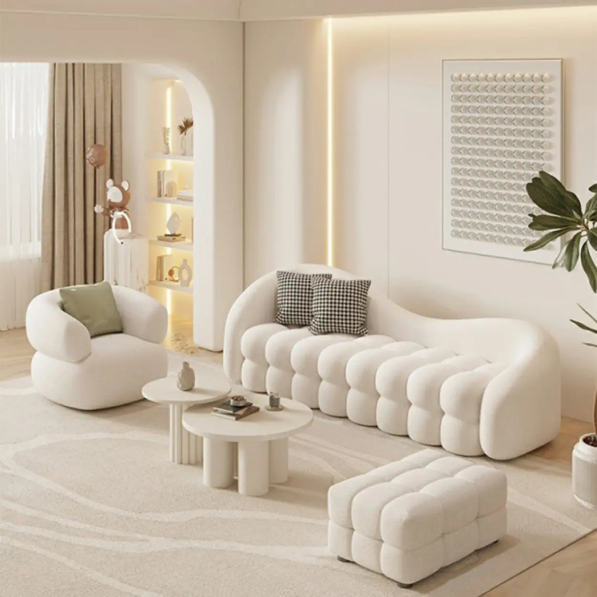 Scandinavian White Sherpa Fabric Concealed Support Sofa Image - 1