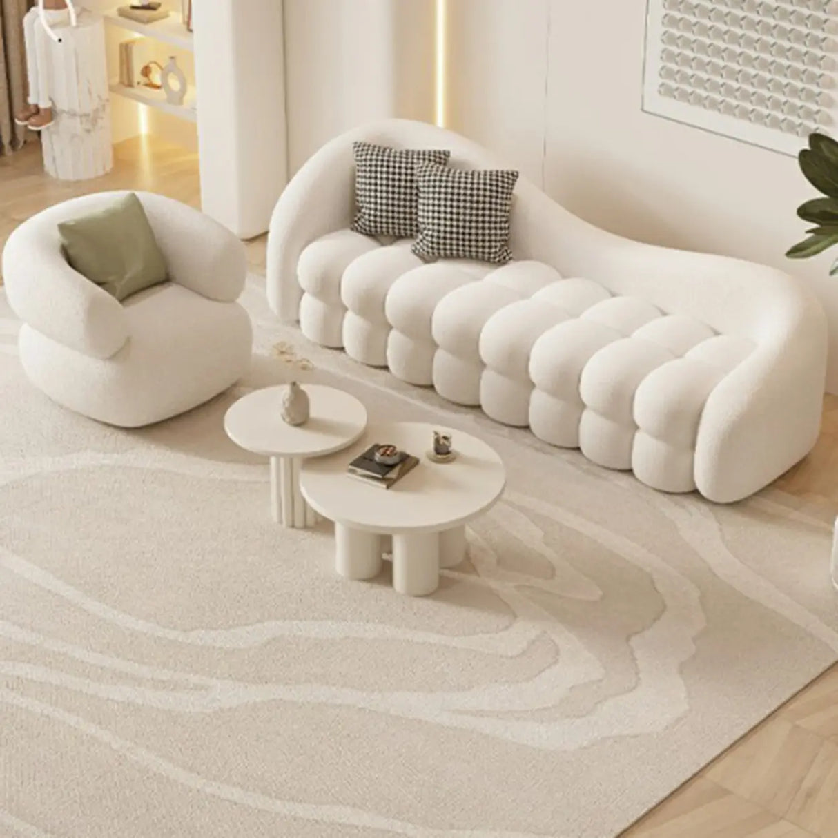 Scandinavian White Sherpa Fabric Concealed Support Sofa Image - 11