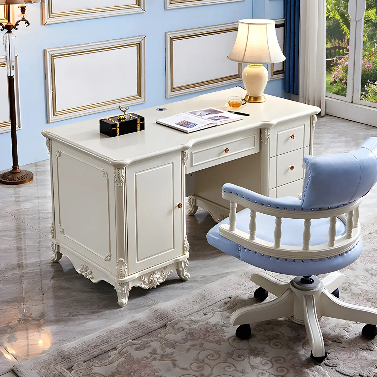 Scandinavian White Wood Drawers Storage Computer Desk Image - 1