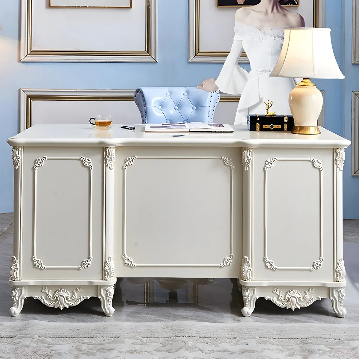 Scandinavian White Wood Drawers Storage Computer Desk Image - 2