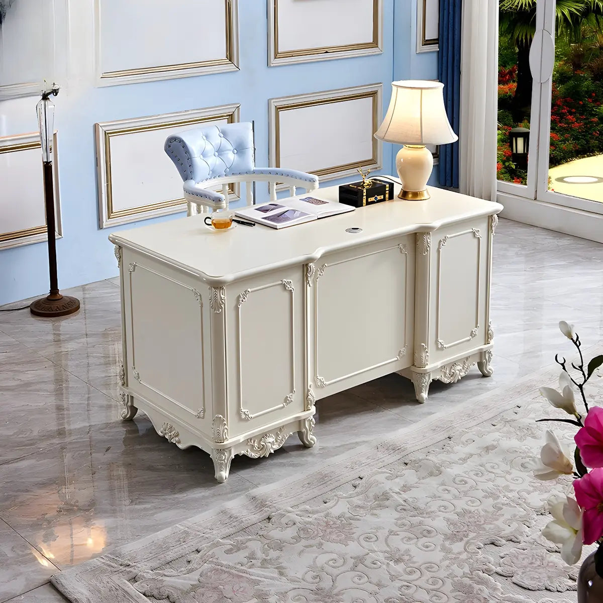 Scandinavian White Wood Drawers Storage Computer Desk Image - 4