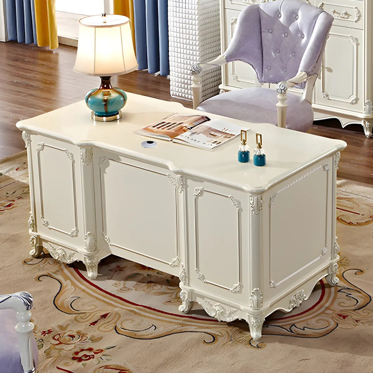 Scandinavian White Wood Drawers Storage Computer Desk Image - 5