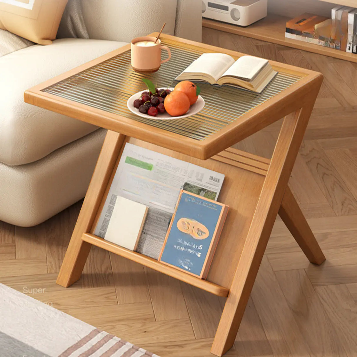 Scandinavian Wood and Glass Side Table with Storage Shelf Image - 1