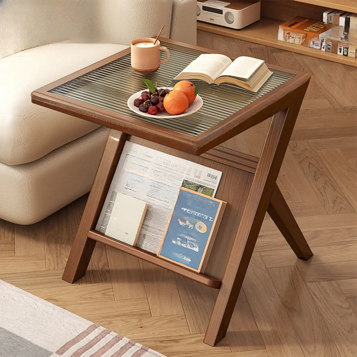 Scandinavian Wood and Glass Side Table with Storage Shelf Image - 12