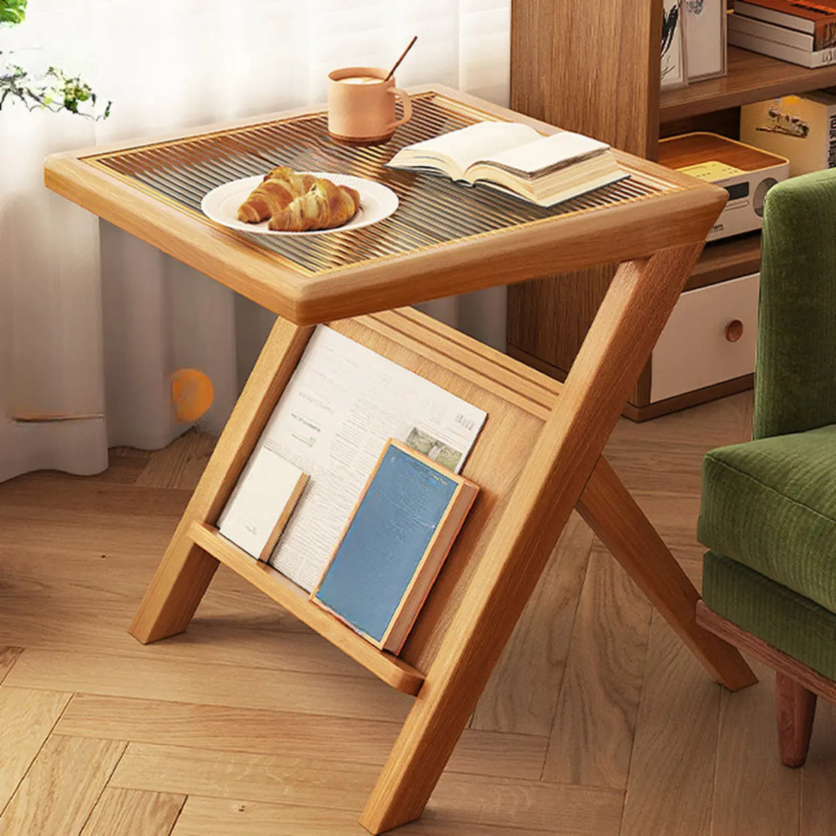 Scandinavian Wood and Glass Side Table with Storage Shelf Image - 2