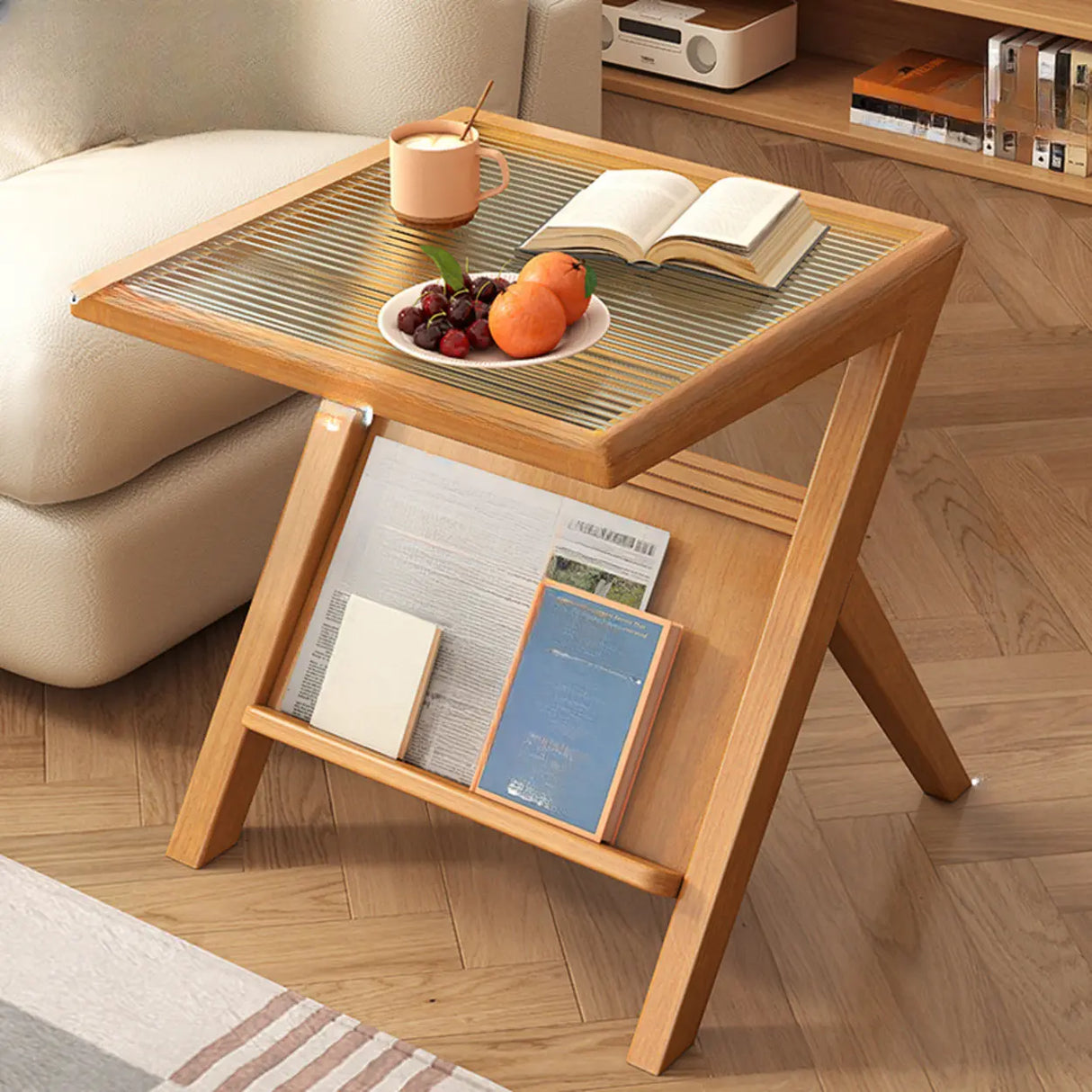 Scandinavian Wood and Glass Side Table with Storage Shelf Image - 3
