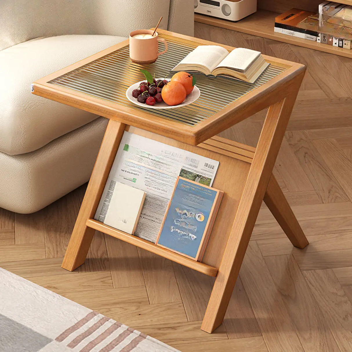 Scandinavian Wood and Glass Side Table with Storage Shelf Image - 4