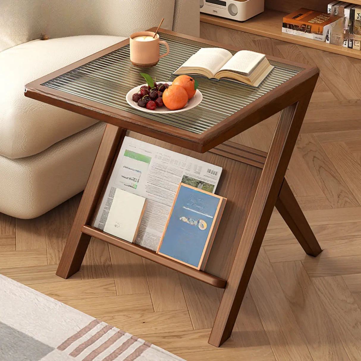Scandinavian Wood and Glass Side Table with Storage Shelf Image - 5