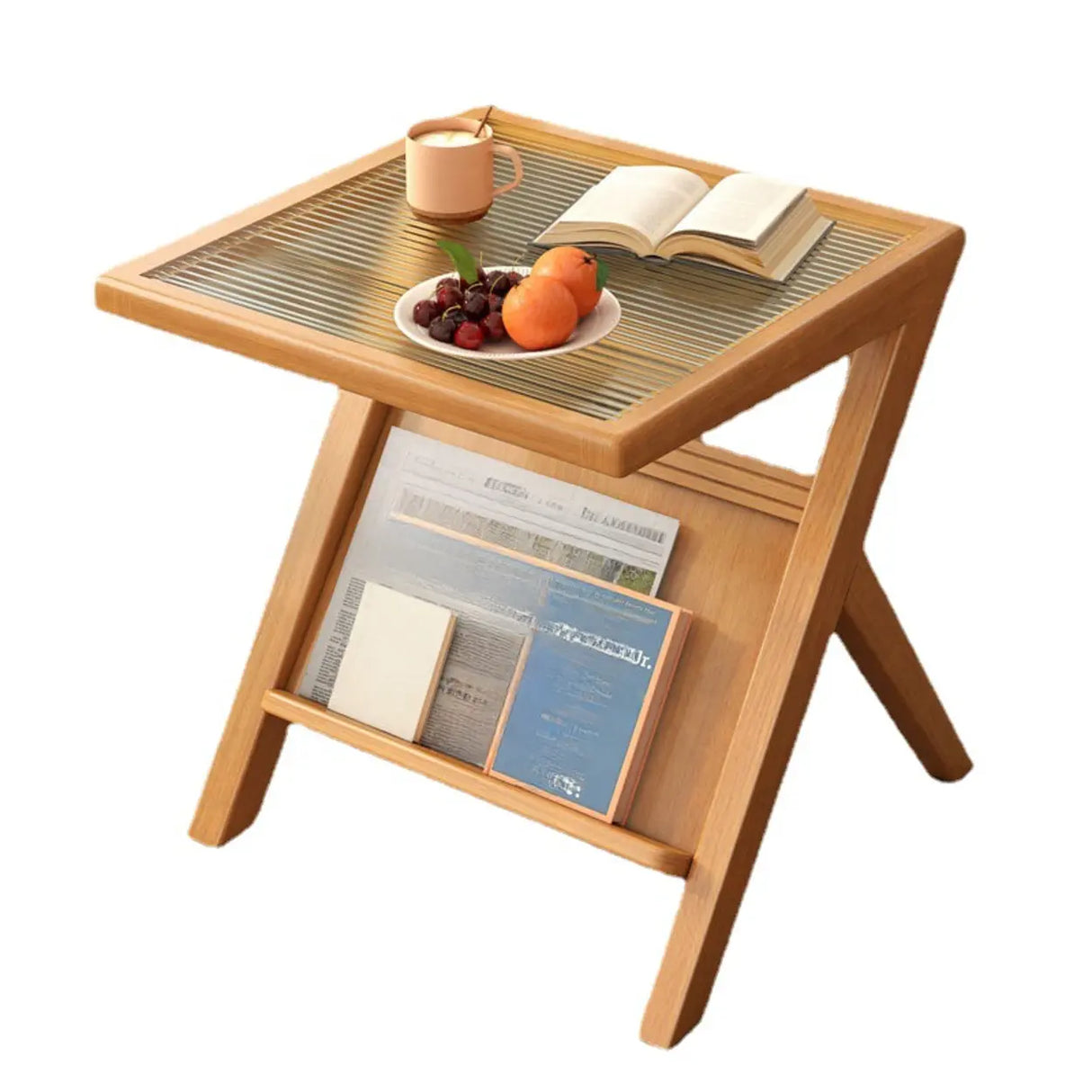 Scandinavian Wood and Glass Side Table with Storage Shelf Image - 6