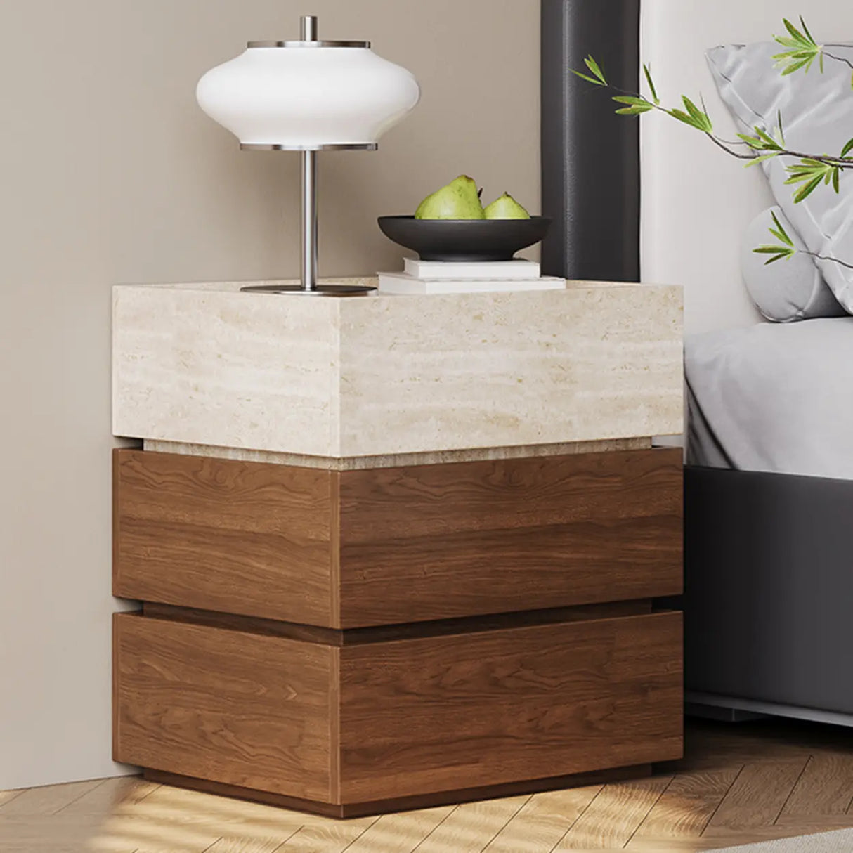 Scandinavian Wood Brown and Beige Nightstand with Drawers Image - 1